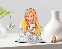 Kişiye Özel Kadın Mimar Karikatürlü 3D Ahşap Biblo ve İsimli Silver Papatya Anahtarlık-1
