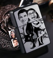 Kişiye Özel Sevgililer Karikatürlü Benzinli Siyah Metal Çakmak - 6