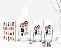 Kişiye Özel Renkli Baskılı Sevgililer Karikatürlü İkili Rakı Bardağı Karaf ve Cep Kitabı Hediye Seti-16