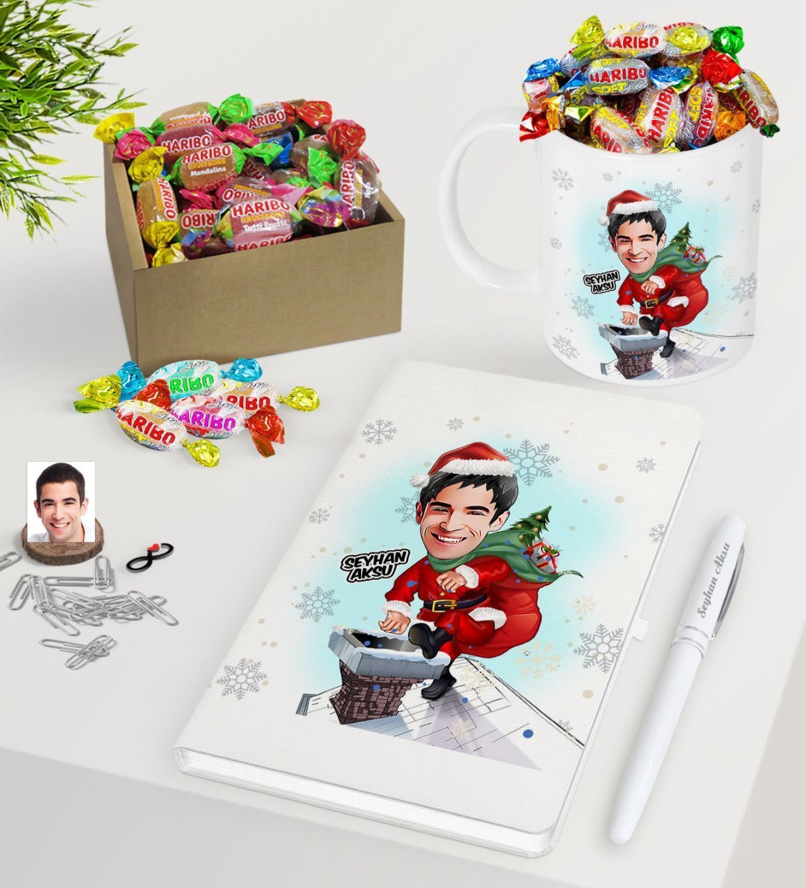 Kişiye Özel Erkek Yeni Yıl Karikatürlü Beyaz Defter Kalem Kupa ve Kutulu Haribo Şeker Hediye Seti-2