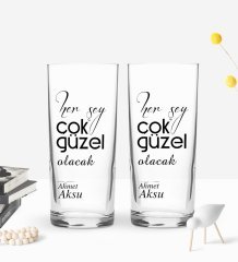 Kişiye Özel Herşey Çok Güzel Olacak Tasarımlı 2’li Rakı Bardağı ve Meze Tabaklı Doğal Masif Ahşap Servis Sunum Tepsisi Model 1