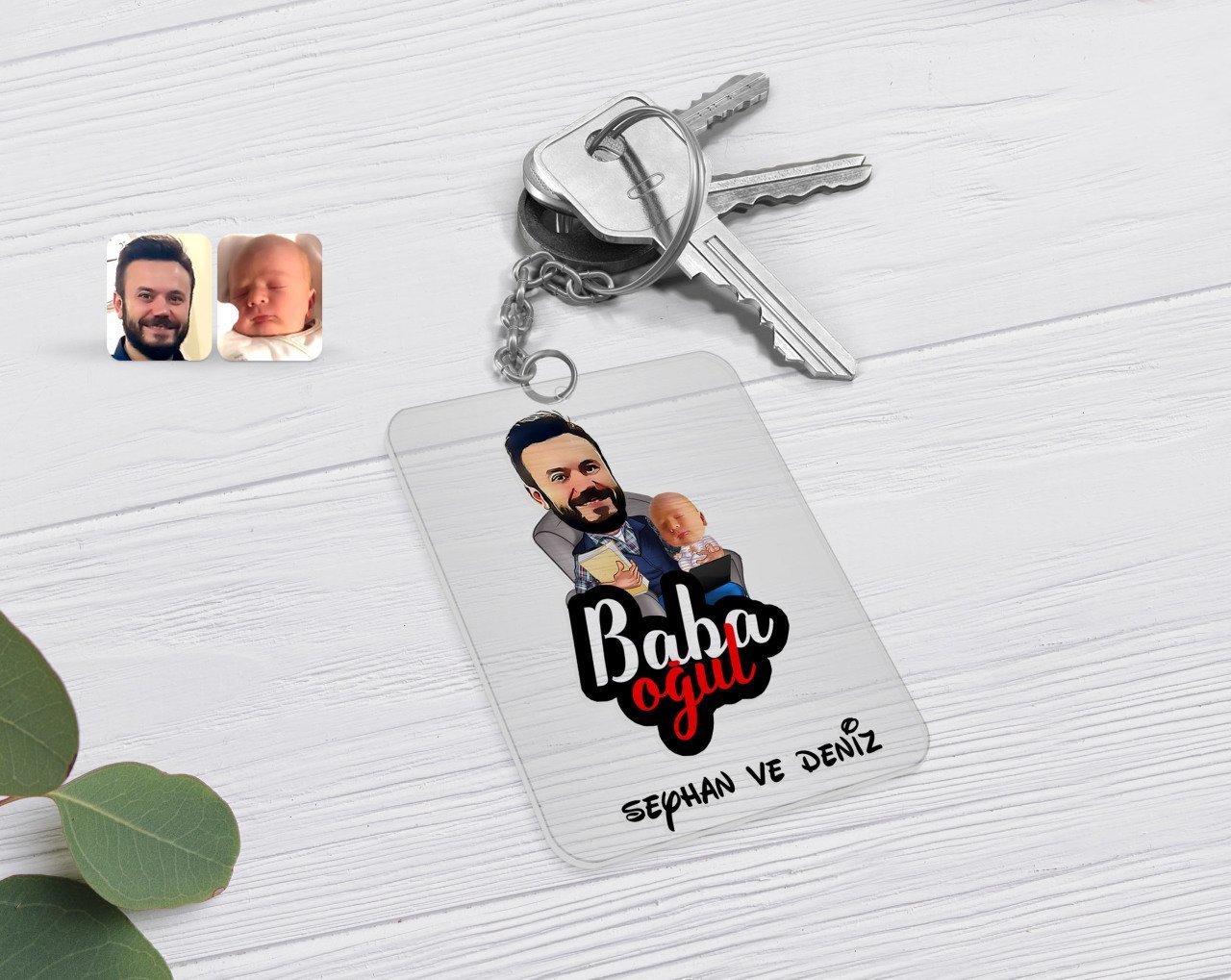 Kişiye Özel Baba Oğul Karikatürlü Şeffaf Pleksi Anahtarlık-4