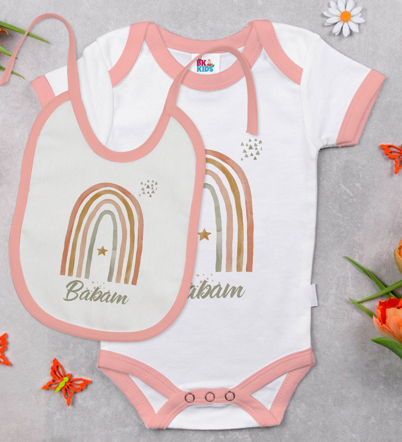 BK Kids Babam Tasarımlı Pembe Bebek Body Zıbın ve Mama Önlüğü Hediye Seti-1