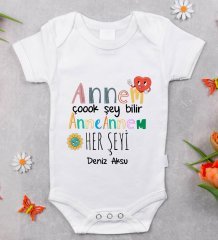 BK Kids İsimli Annem Çok Şeyi Bilir Tasarımlı Bebek Body Zıbın - Model 1