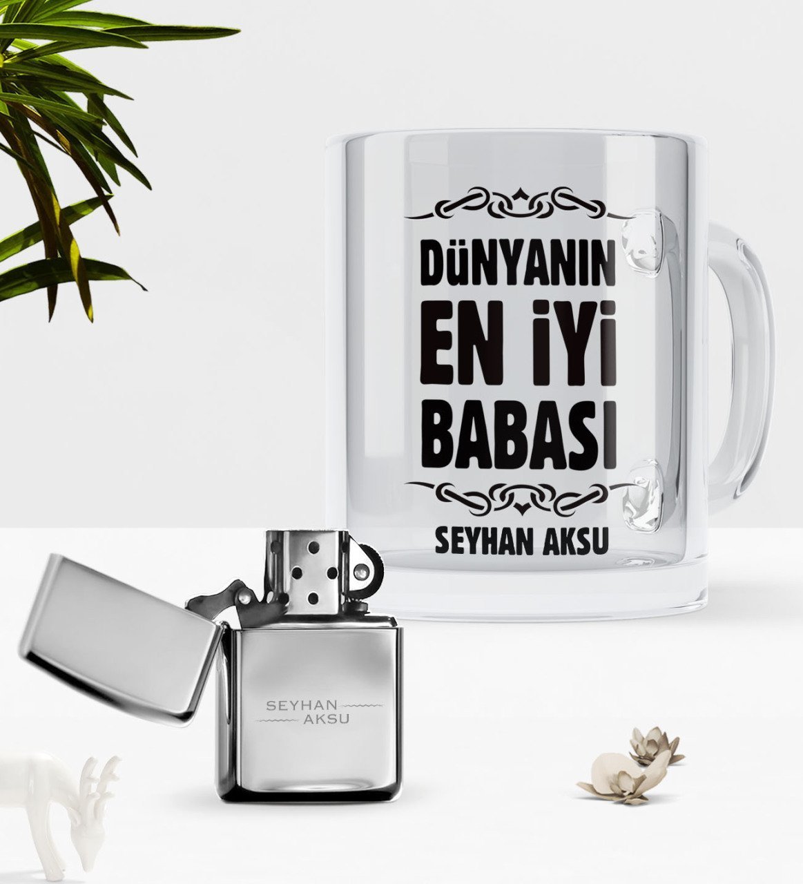 Kişiye Özel Dünyanın En İyi Babası Cam Kupa Bardak Benzinli Metal Çakmak Seti-6