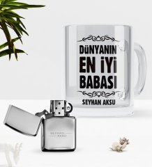 Kişiye Özel Dünyanın En İyi Babası Cam Kupa Bardak Benzinli Metal Çakmak Seti-6