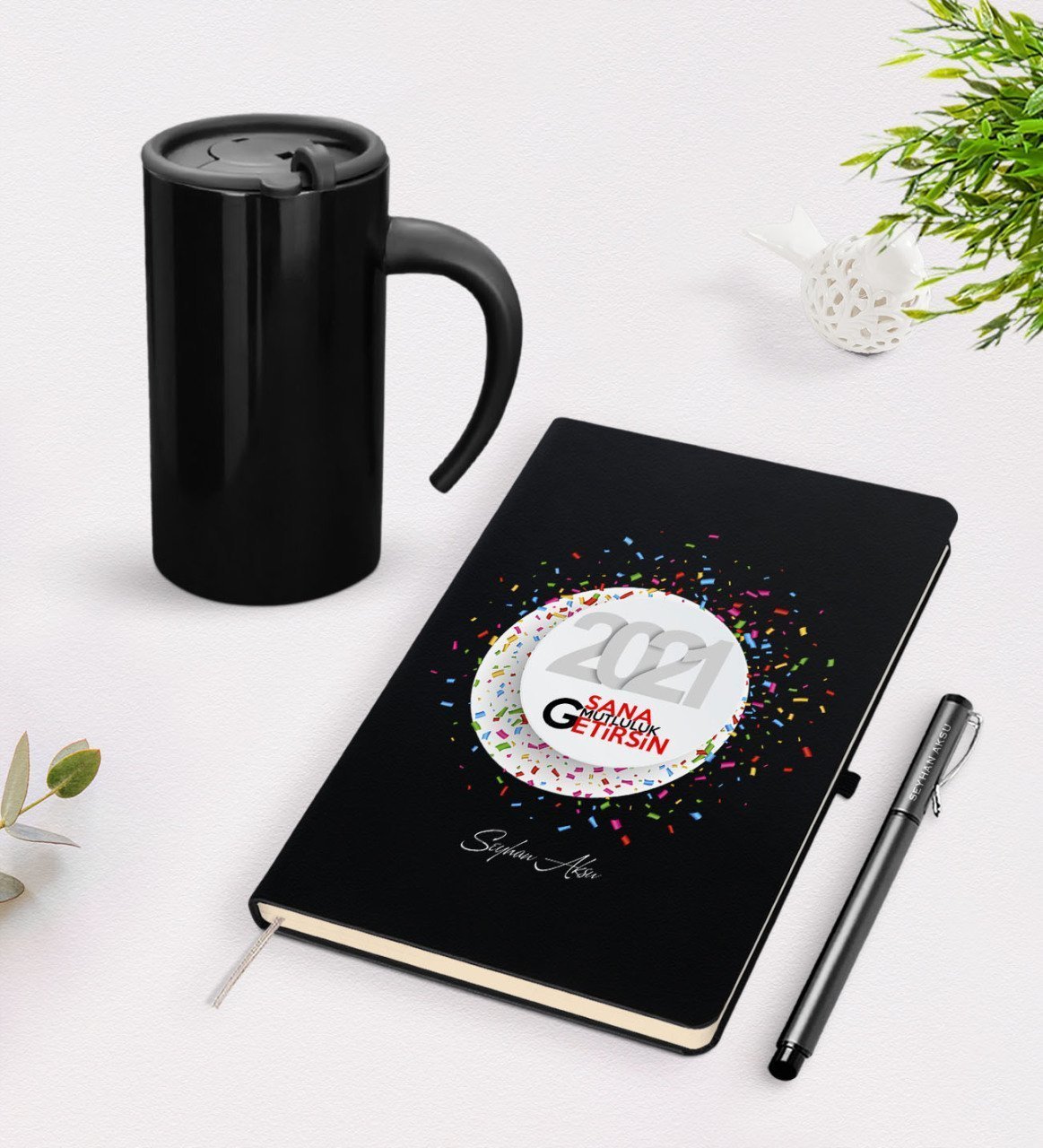 BK Gift Kişiye Özel 2023 Sana Mutluluk Getirsin Siyah Defter Kalem Termos Mug Seti - 1