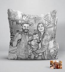 Kişiye Özel Tam Boy Karakalem Aile Karikatürlü Beyaz Yastık-2