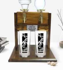 Kişiye Özel Renkli Baskılı İsimli İkili Rakı Bardağı ve Çift Musluklu Doğal Ahşap Rakı Standı-121