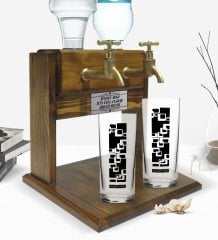 Kişiye Özel Renkli Baskılı İsimli İkili Rakı Bardağı ve Çift Musluklu Doğal Ahşap Rakı Standı-121