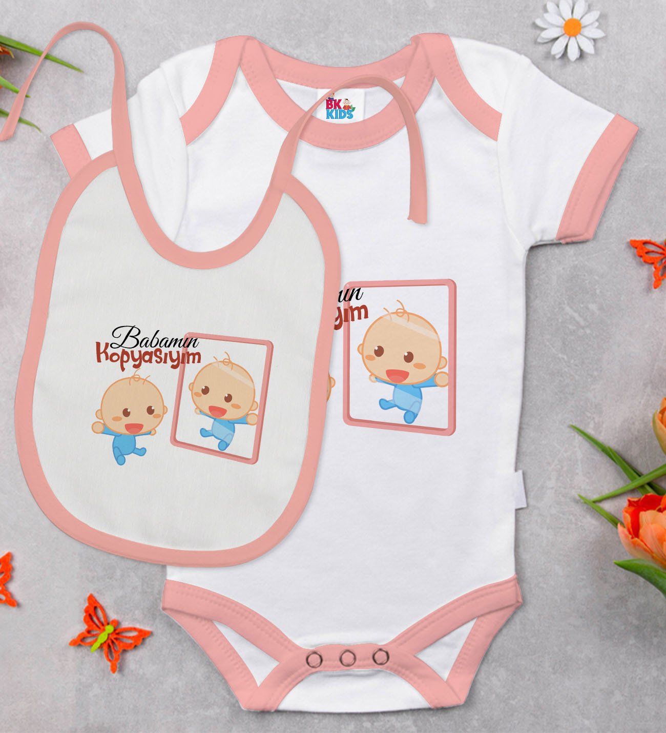 BK Kids Babamın Kopyasıyım Tasarımlı Pembe Bebek Body Zıbın ve Mama Önlüğü Hediye Seti-1