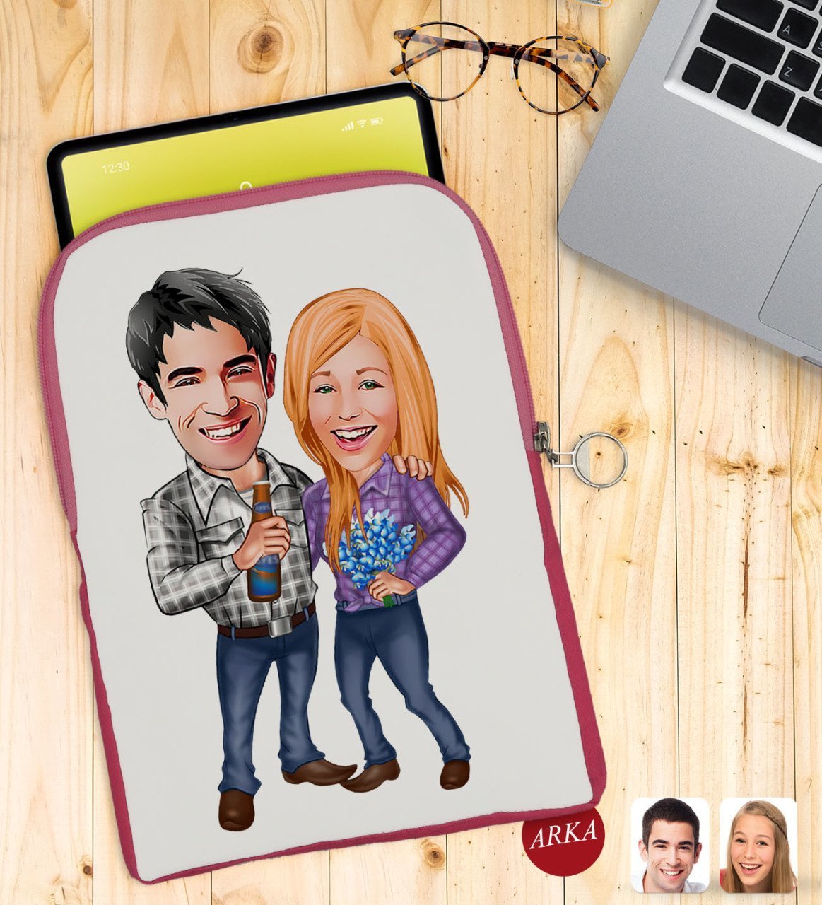 Kişiye Özel Sevgililer Karikatürlü Taşınabilir Koruyucu Tablet Kılıfı & Organizer Çanta - Pembe-50
