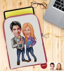 Kişiye Özel Sevgililer Karikatürlü Taşınabilir Koruyucu Tablet Kılıfı & Organizer Çanta - Pembe-50