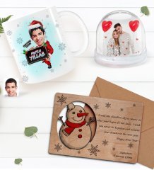 Kişiye Özel Fotoğraflı Kar Küresi & Happy New Year Kupa Bardak & Retro Ahşap Yılbaşı Tebrik Kartı Hediye Seti-13D