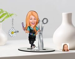 Kişiye Özel Kadın Kuaför Karikatürlü 3D Ahşap Biblo ve İsimli Silver Papatya Anahtarlık-1