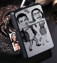 Kişiye Özel Sevgililer Karikatürlü Benzinli Siyah Metal Çakmak - 4