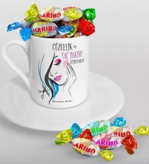 Kişiye Özel Güzellik ve Saç Bakımı Öğretmeni Türk Kahvesi Fincanı ve Haribo Şeker Hediye Seti