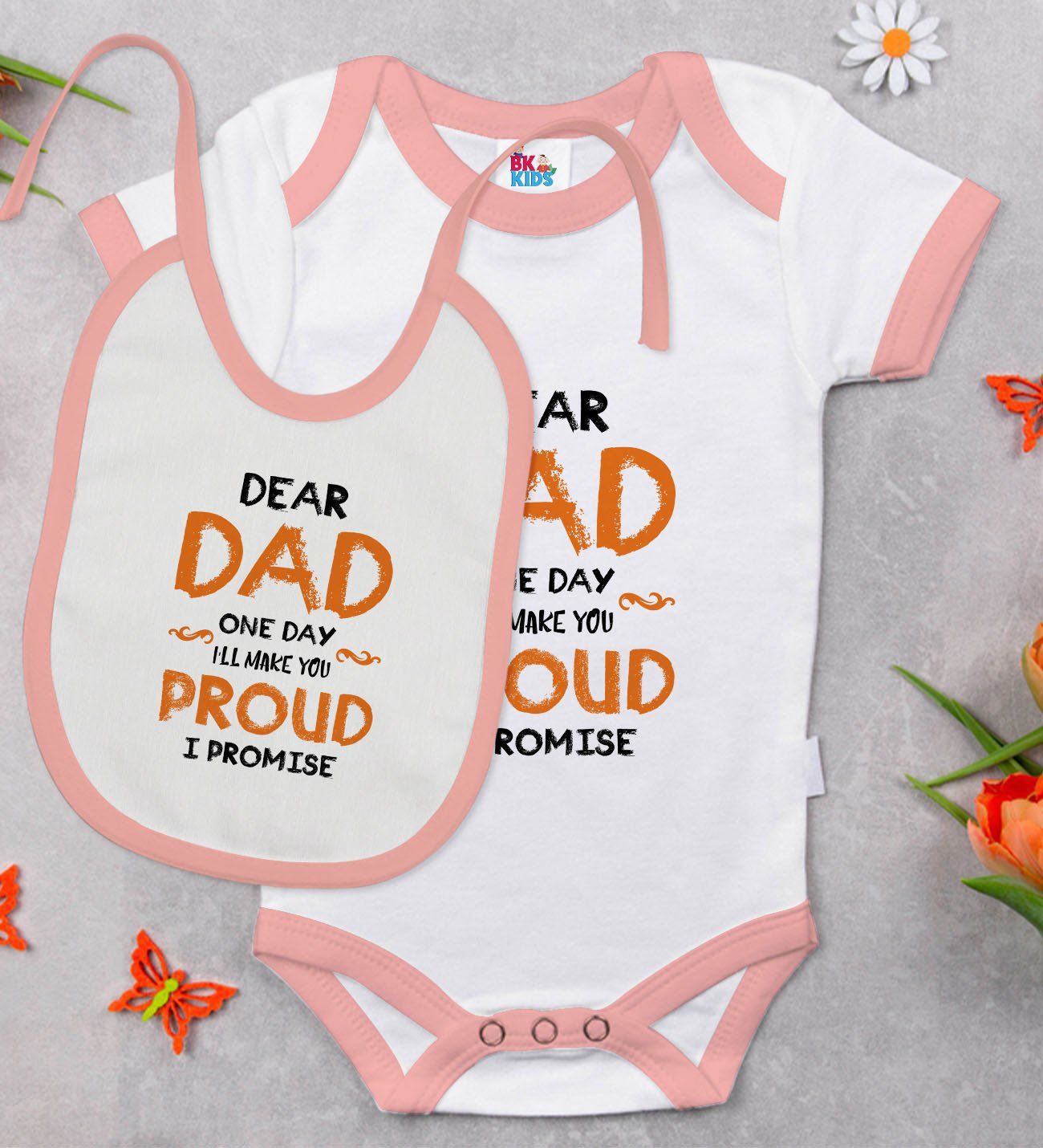 BK Kids Dear Dad Tasarımlı Pembe Bebek Body Zıbın ve Mama Önlüğü Hediye Seti-1