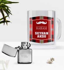 Kişiye Özel Dünyanın En İyi Babası Cam Kupa Bardak Benzinli Metal Çakmak Seti-4