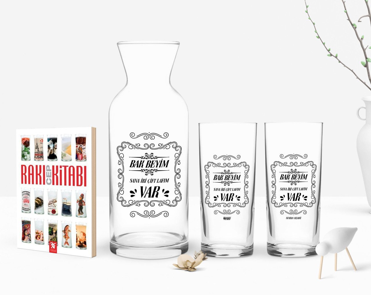 Kişiye Özel Renkli Baskılı Yeşilçam Replikleri Bak Beyim Tasarımlı İkili Rakı Bardağı Karaf ve Cep Kitabı Hediye Seti-1