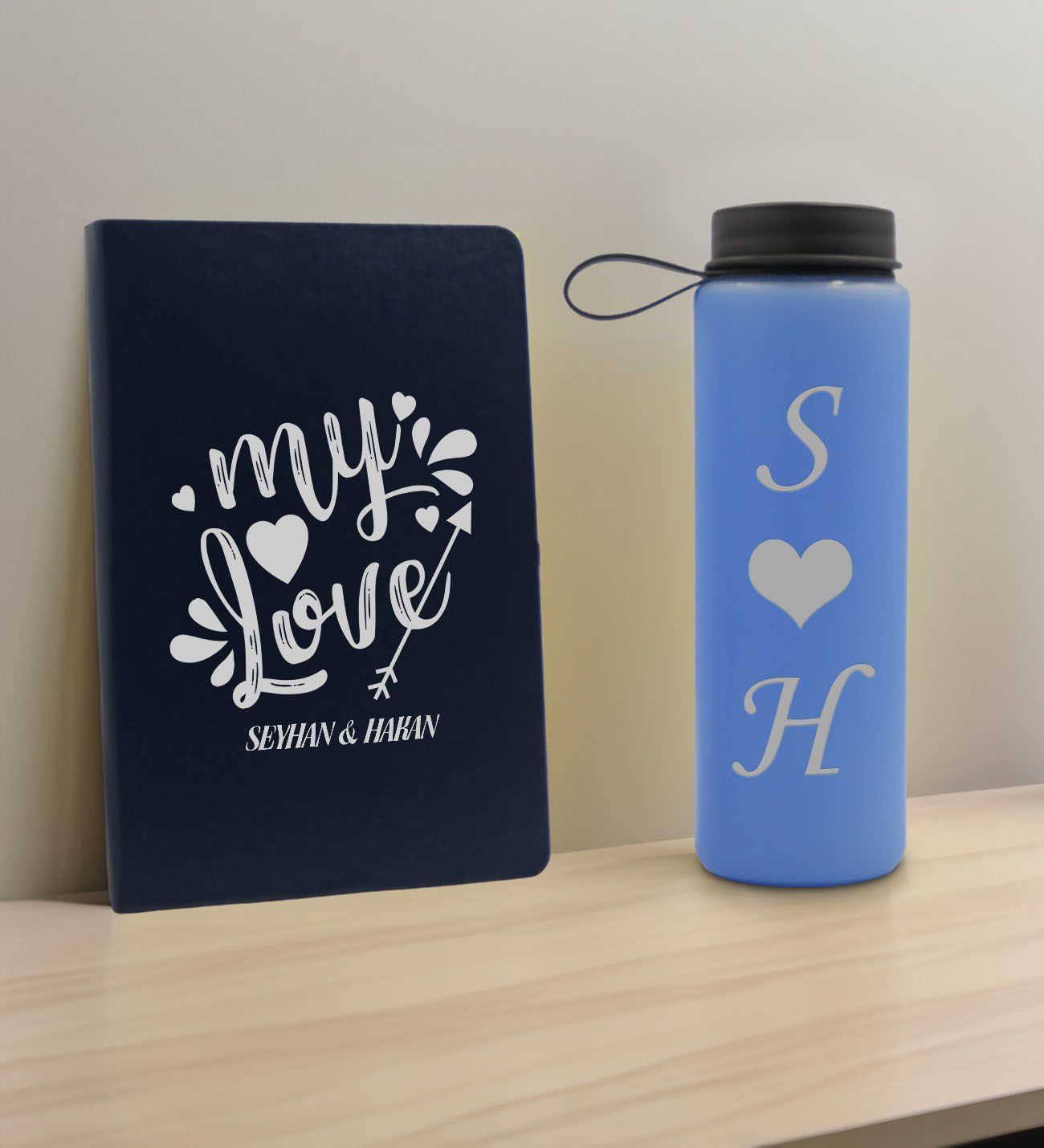 BK Gift Sevgiliye Özel İsimli Lacivert Defter ve Mavi Cam Matara Hediye Seti-9, Sevgiliye Hediye, Sevgililer Günü, Yeni İş Hediyesi