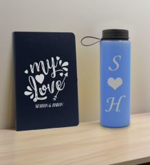 BK Gift Sevgiliye Özel İsimli Lacivert Defter ve Mavi Cam Matara Hediye Seti-9, Sevgiliye Hediye, Sevgililer Günü, Yeni İş Hediyesi