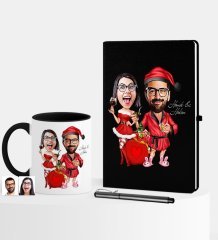 Kişiye Özel Yılbaşı Temalı Sevgililer Karikatürlü Siyah Defter Kalem Kupa Seti - 5