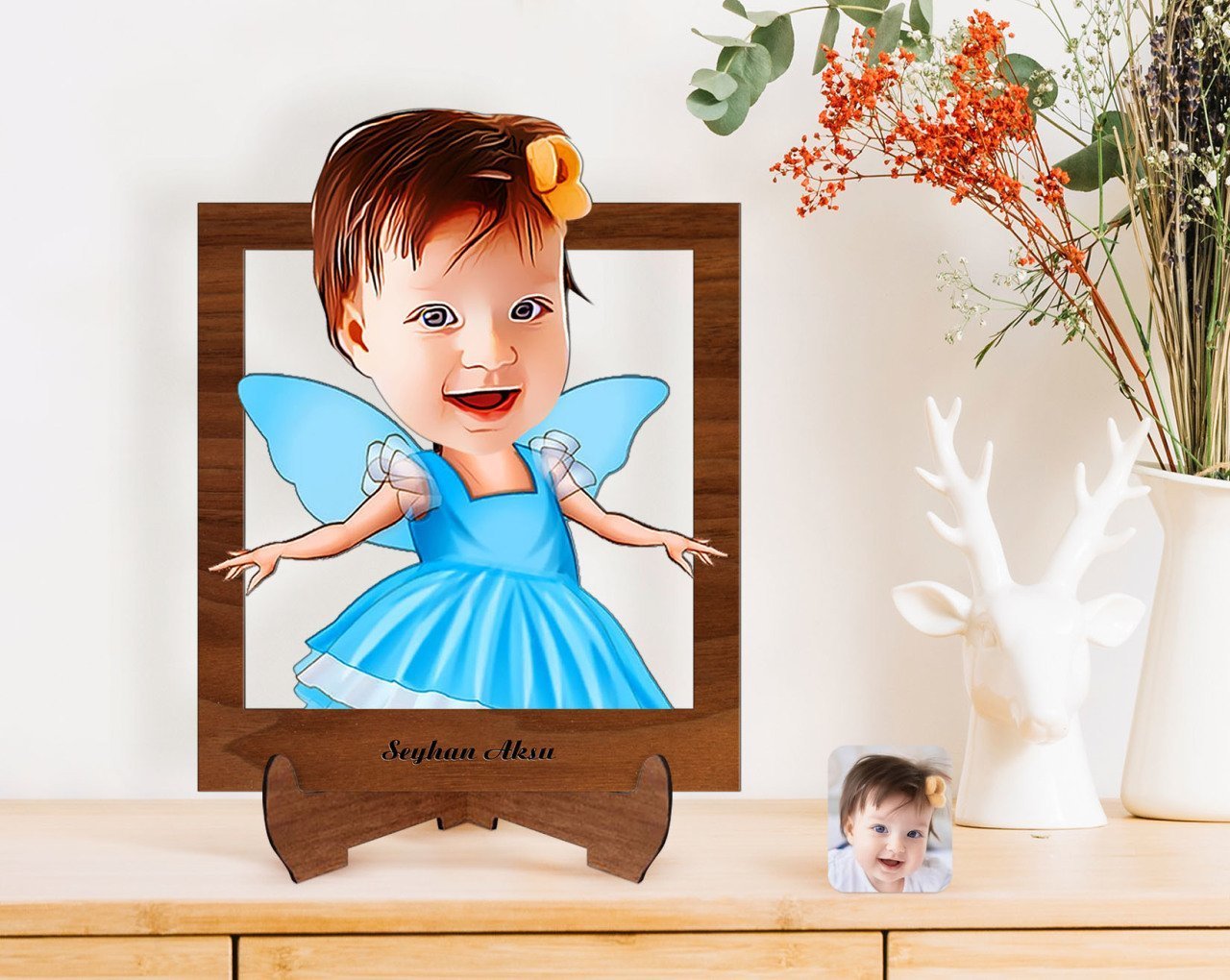 Kişiye Özel Kız Çocuk Peri Karikatürlü Ahşap Standlı 3D Biblo-1