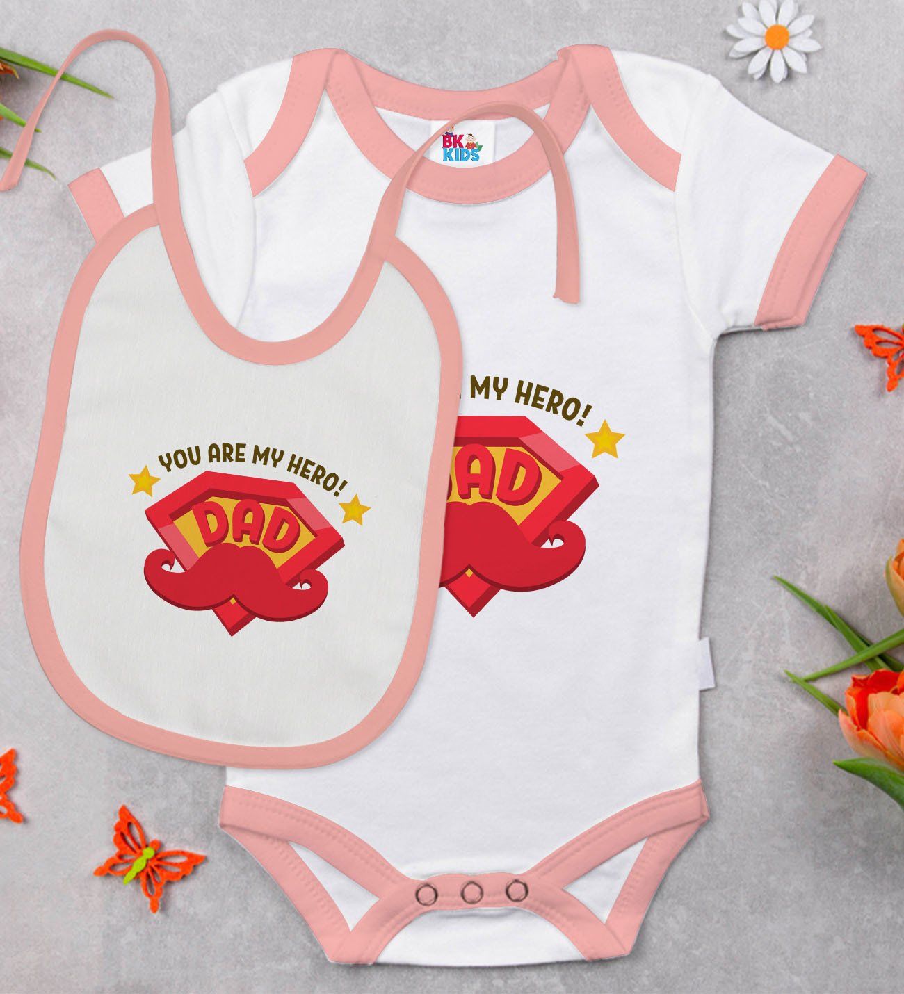 BK Kids My Hero Dad Tasarımlı Pembe Bebek Body Zıbın ve Mama Önlüğü Hediye Seti-1