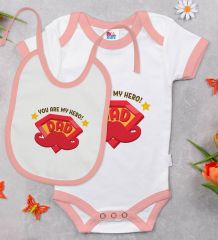 BK Kids My Hero Dad Tasarımlı Pembe Bebek Body Zıbın ve Mama Önlüğü Hediye Seti-1