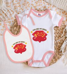BK Kids My Hero Dad Tasarımlı Pembe Bebek Body Zıbın ve Mama Önlüğü Hediye Seti-1