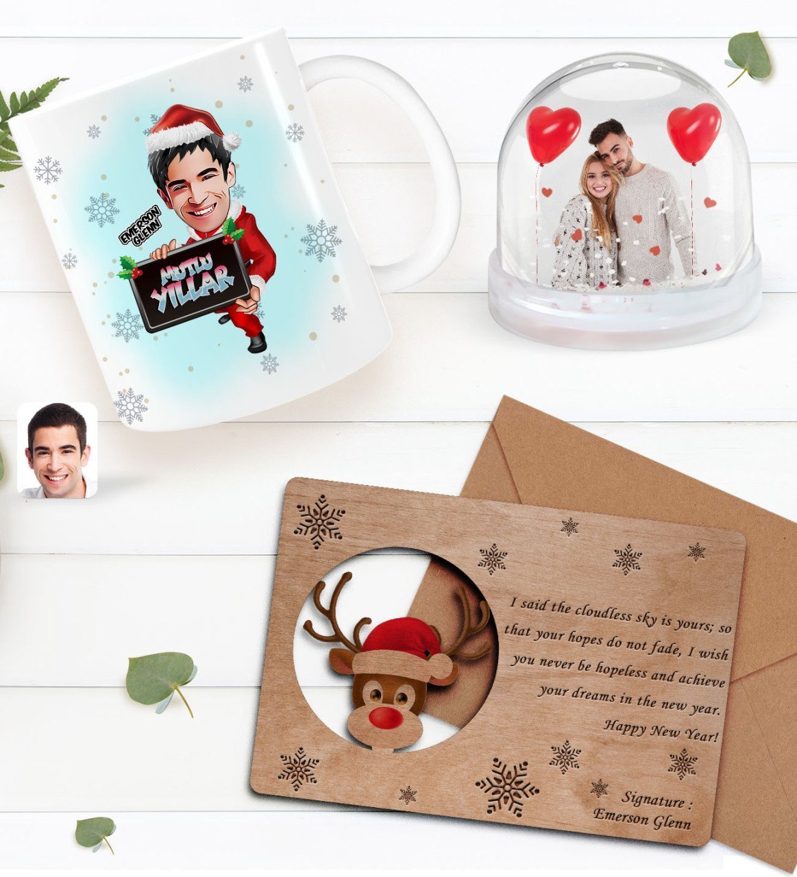 Kişiye Özel Fotoğraflı Kar Küresi & Happy New Year Kupa Bardak & Retro Ahşap Yılbaşı Tebrik Kartı Hediye Seti-13B