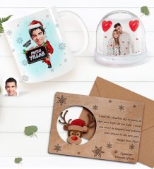 Kişiye Özel Fotoğraflı Kar Küresi & Happy New Year Kupa Bardak & Retro Ahşap Yılbaşı Tebrik Kartı Hediye Seti-13B