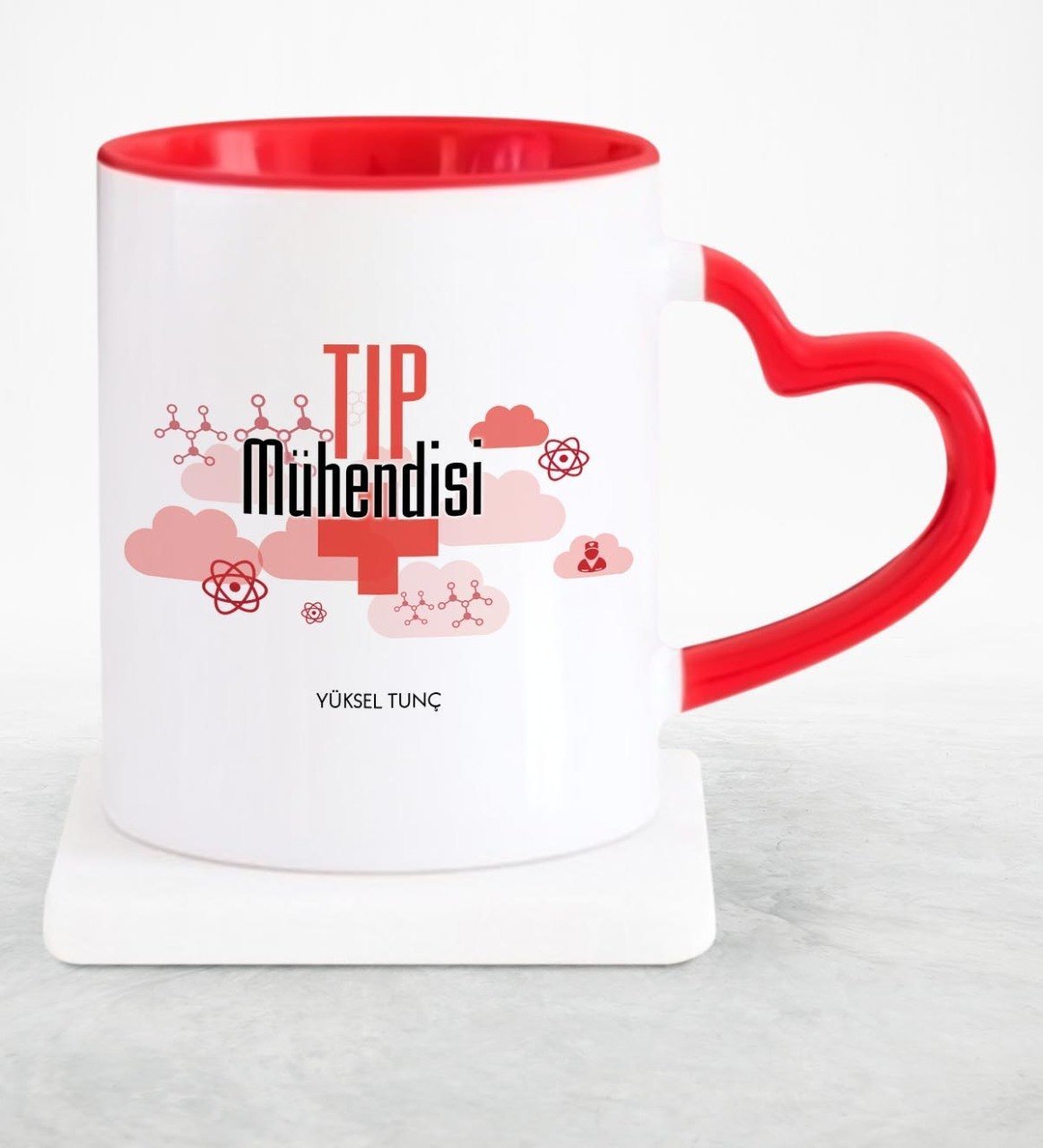 Kişiye Özel Mesleki Tıp Mühendisi Kırmızı Kalpli Kupa Bardak