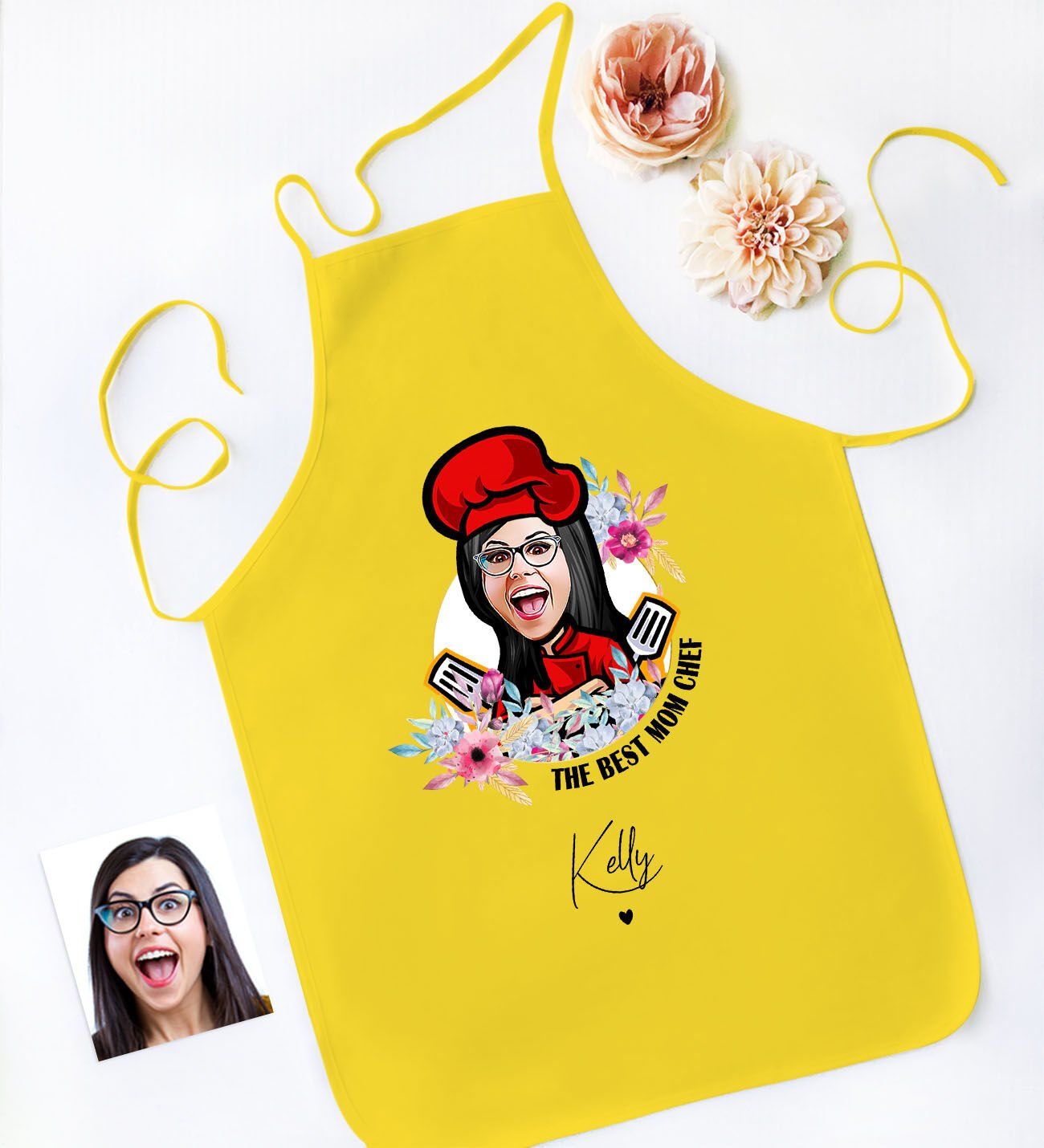 BK Gift Kişiye Özel Karikatürlü Anneler Günü Tasarımlı Sarı Mutfak Önlüğü, Aşçı Önlüğü, Şef Önlüğü, Anneye Hediye-9