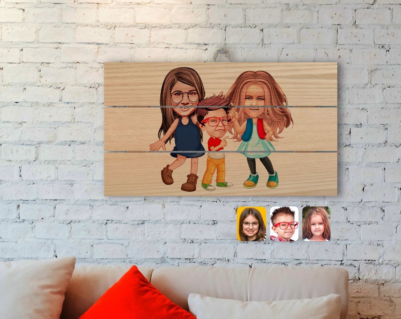 Kişiye Özel 3 Kardeş Karikatürlü Otantik Ahşap Palet Tablo-1
