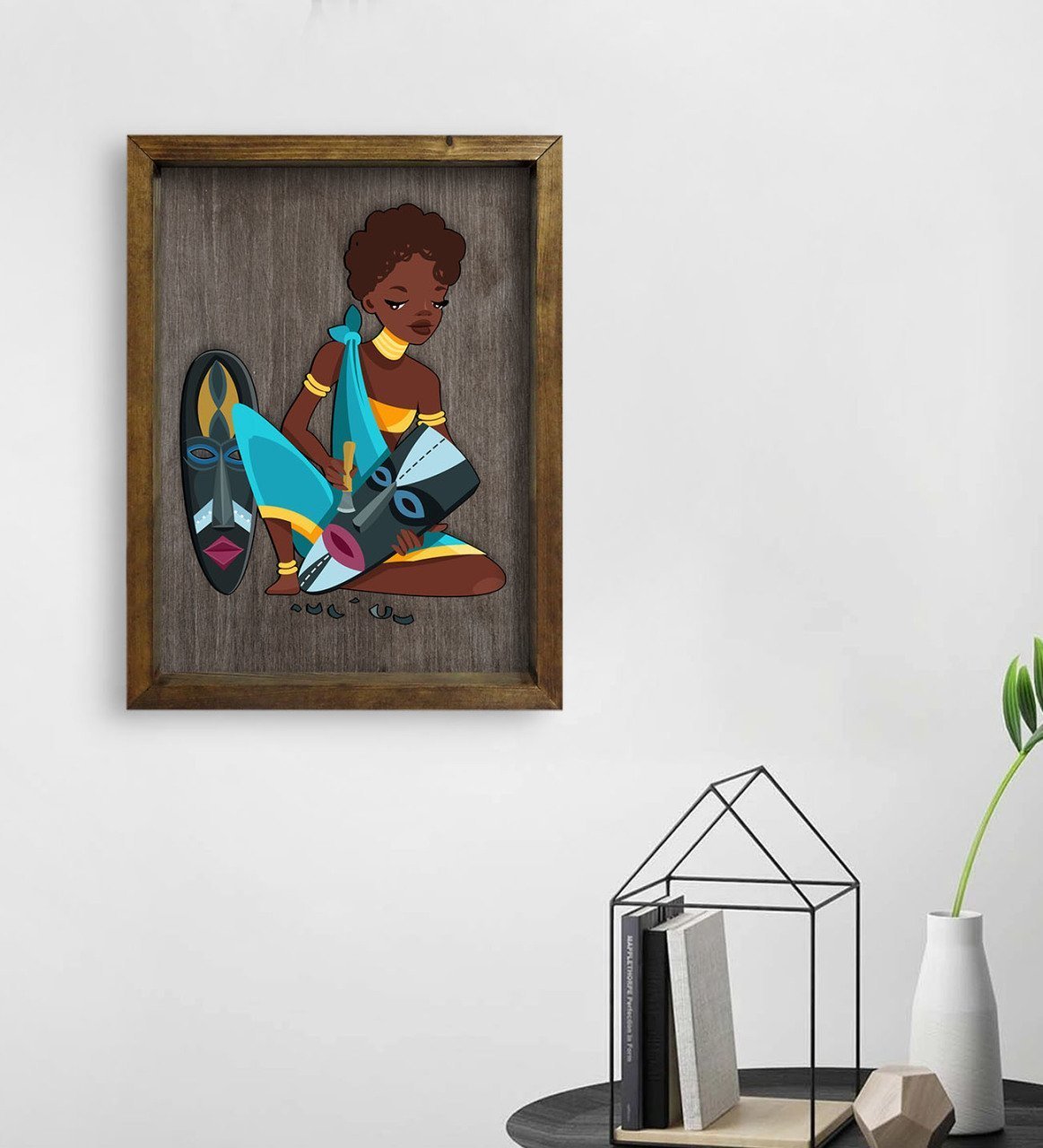 BK Home African Woman Tasarımlı Doğal Masif Ahşap Çerçeveli Tablo 45x65cm-5
