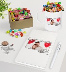 Kişiye Özel İsimli Fotoğraflı Beyaz Defter Kalem Kupa ve Kutulu Haribo Şeker Hediye Seti-32