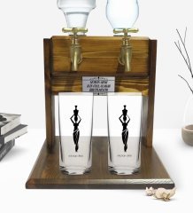 Kişiye Özel Renkli Baskılı İsimli İkili Rakı Bardağı ve Çift Musluklu Doğal Ahşap Rakı Standı-118