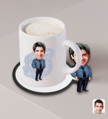 Kişiye Özel Erkek Polis Karikatürlü Beyaz Kupa ve Ahşap Bardak Altlığı Hediye Seti-4