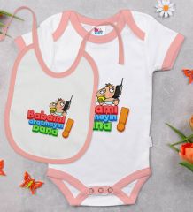 BK Kids Babamı Aratmayın Bana Tasarımlı Pembe Bebek Body Zıbın ve Mama Önlüğü Hediye Seti-1