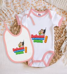BK Kids Babamı Aratmayın Bana Tasarımlı Pembe Bebek Body Zıbın ve Mama Önlüğü Hediye Seti-1