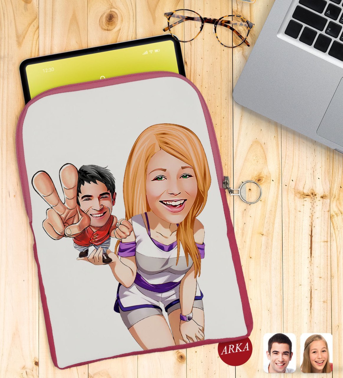 Kişiye Özel Sevgililer Karikatürlü Taşınabilir Koruyucu Tablet Kılıfı & Organizer Çanta - Pembe-30