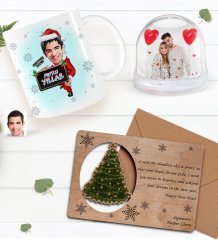 Kişiye Özel Fotoğraflı Kar Küresi & Happy New Year Kupa Bardak & Retro Ahşap Yılbaşı Tebrik Kartı Hediye Seti-13A