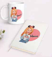 Kişiye Özel Kadın Moda Mini Fare Karikatürlü Beyaz Defter ve Kupa Hediye Seti-1