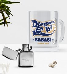 Kişiye Özel Dünyanın En İyi Babası Cam Kupa Bardak Benzinli Metal Çakmak Seti-2