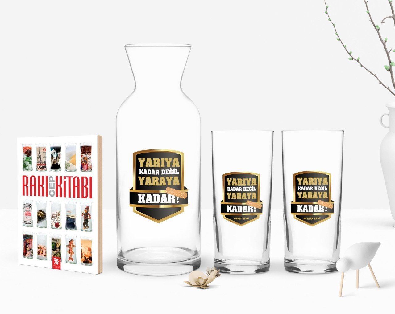 Kişiye Özel Renkli Baskılı Yarıya Kadar Değil Yaraya Kadar Tasarımlı İkili Rakı Bardağı Karaf ve Cep Kitabı Hediye Seti-5