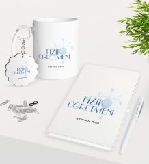 Kişiye Özel Fizik Öğretmeni Kupa Anahtarlık Beyaz Defter Kalem Hediye Seti-1