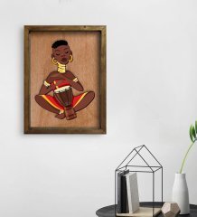 BK Home African Woman Tasarımlı Doğal Masif Ahşap Çerçeveli Tablo 45x65cm-4
