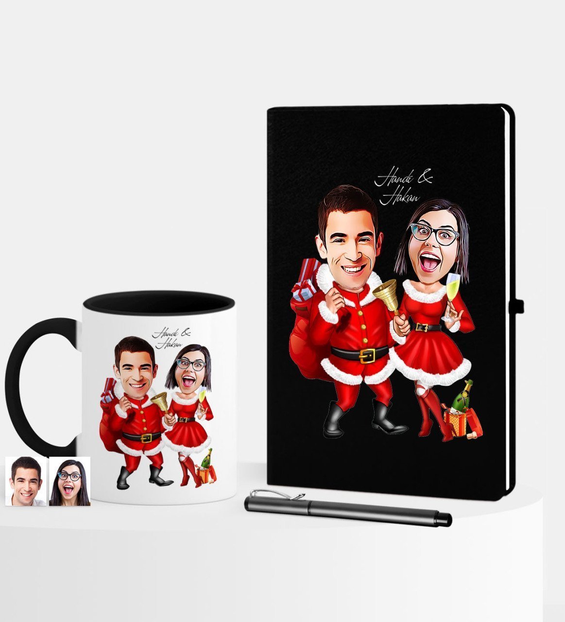 Kişiye Özel Yılbaşı Temalı Sevgililer Karikatürlü Siyah Defter Kalem Kupa Seti - 3